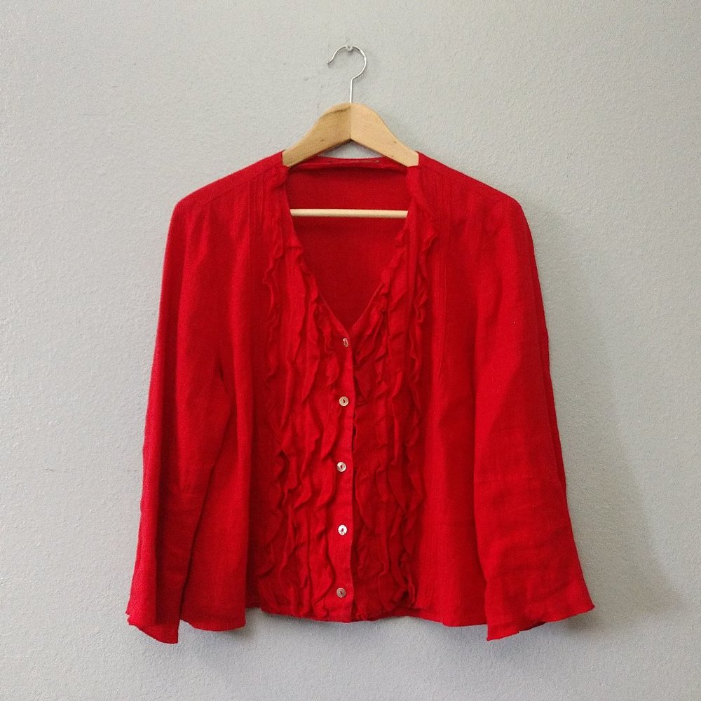 Backstage by OSKA Red 100% Linen Pleated Blouse Top Cardigan